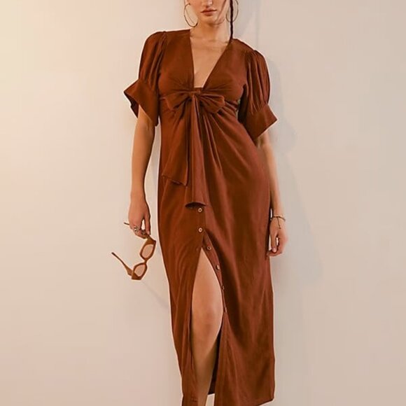 NWT FREE PEOPLE Vintage Summer Midi Dress Button Down Tie Bodice Brownie S - Picture 5 of 11